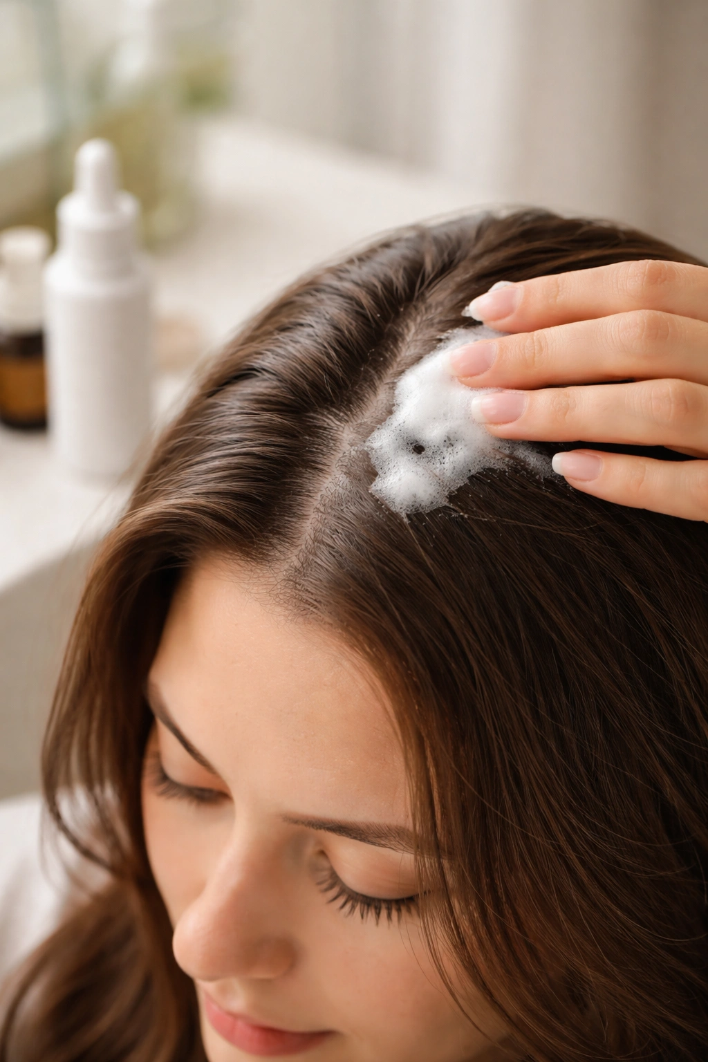 Hand applying topical foam to scalp with a small bottle in view