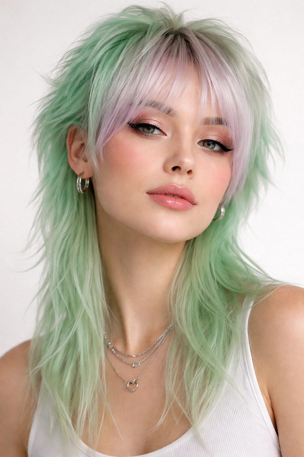 Mullet with mint green back and lavender-tinted blonde front in studio portrait