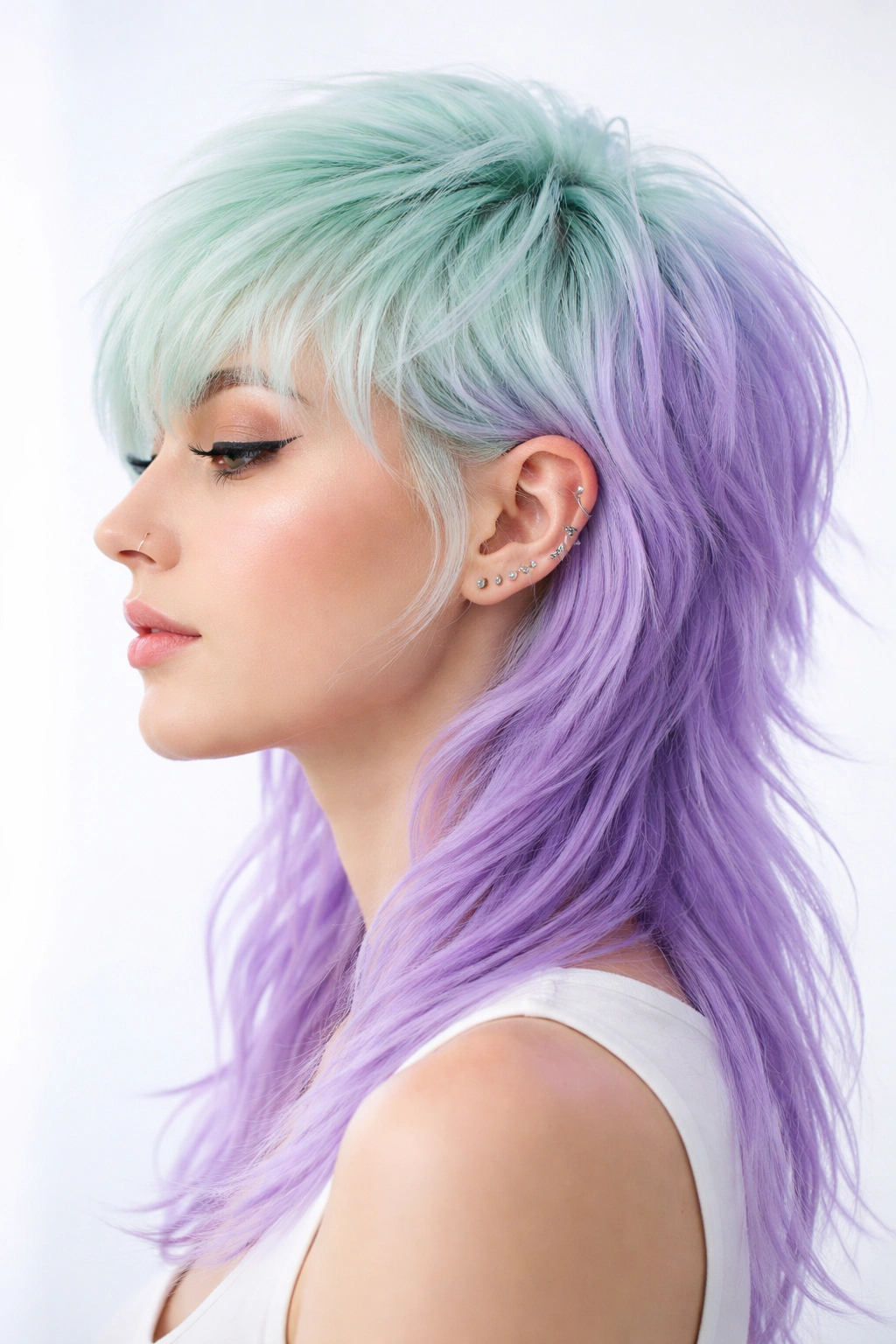 12 Colorful Mullet Haircuts To Inspire Your Next Cut 10 Close-up of mint and lavender two-tone mullet with distinct color split
