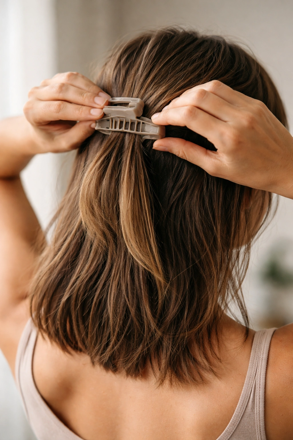 A Step By Step Guide To Trimming Your Own Hair 10 Hands pinning back hair to disguise an uneven cut