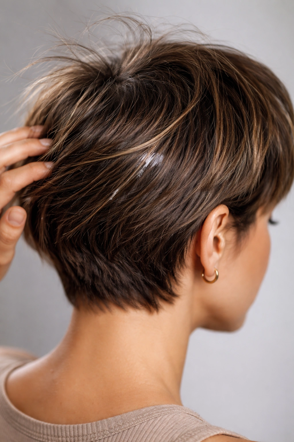 Close-up of short hair with flyaways and excess product illustrating styling mistakes