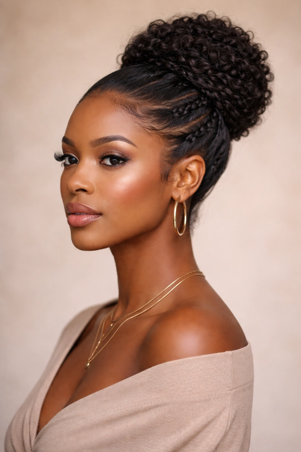 20 Gorgeous Pushback Hairstyles Every Black Woman Should Try 20 Portrait of a Black woman with a pushback updo featuring smooth and textured sections