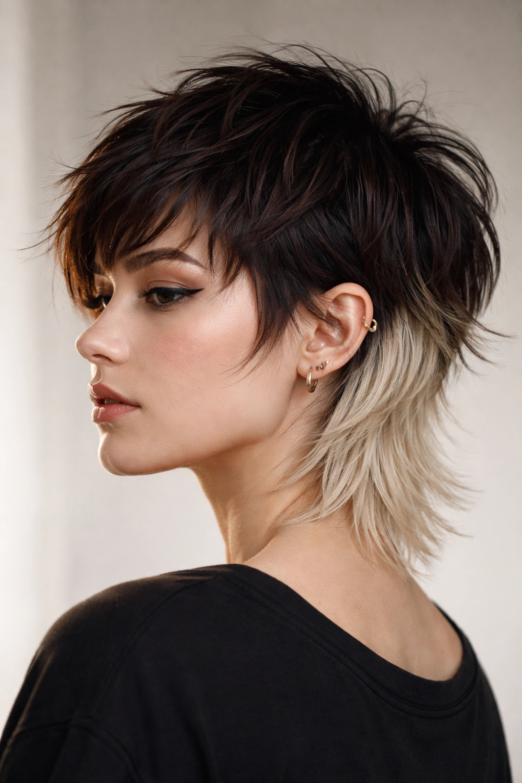 Portrait of a color-contrasted mixie with dark top and lighter bottom