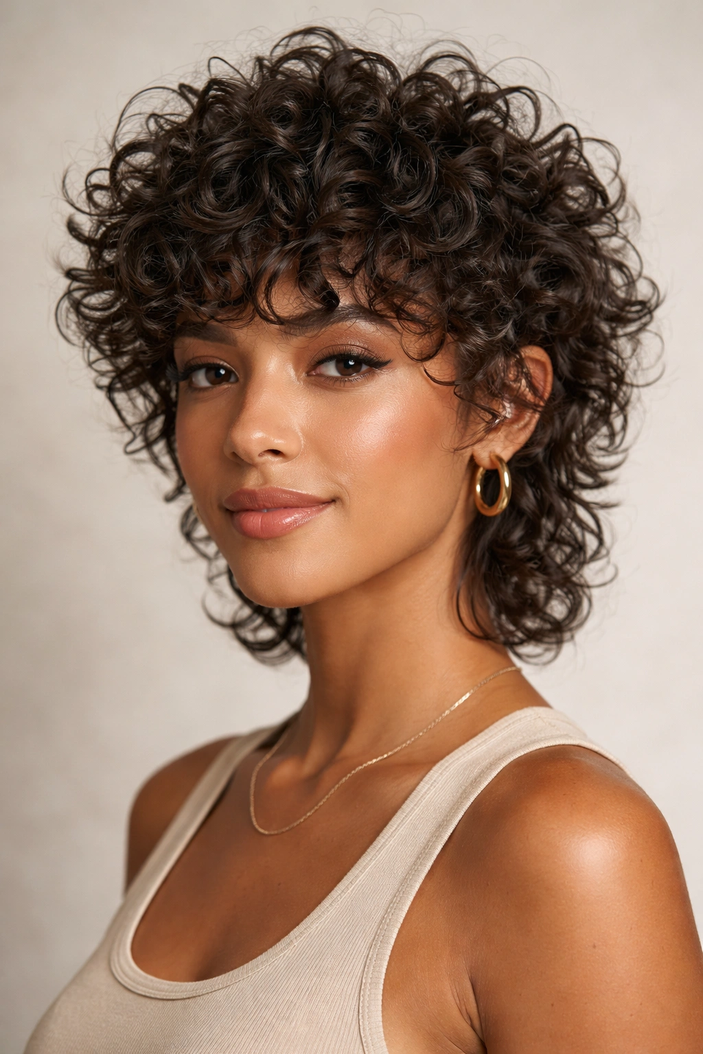 Portrait of a person with curls styled in a textured mixie to enhance curl pattern