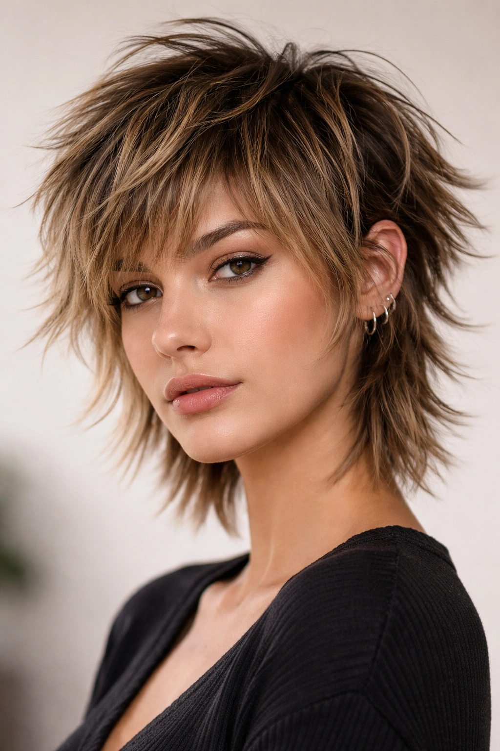 Close-up portrait of choppy layered mixie haircut with textured uneven lengths for volume