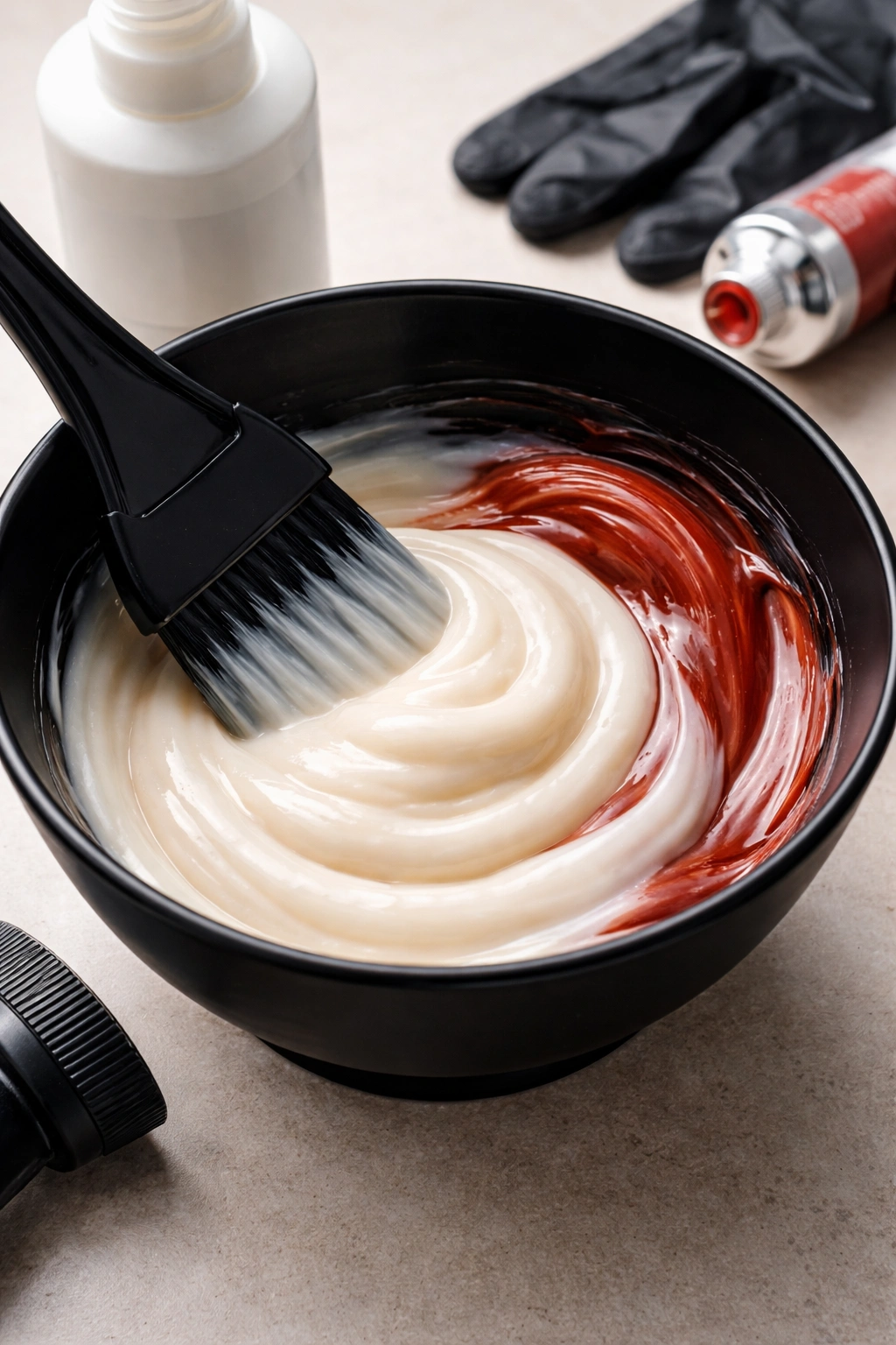 Bowl of mixed hair color and developer forming a uniform paste