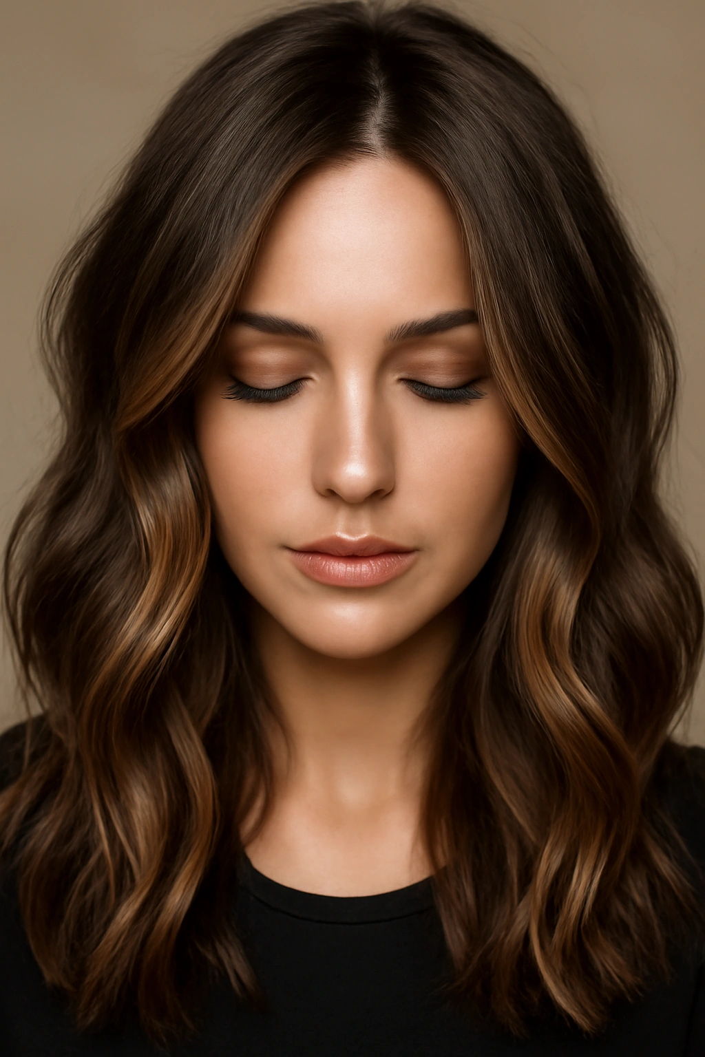15 Dark Chocolate Hair Ideas That Look Rich and Luxurious on Every Skin Tone 7 Close-up of brunette hair showcasing mocha mousse balayage with creamy mocha highlights