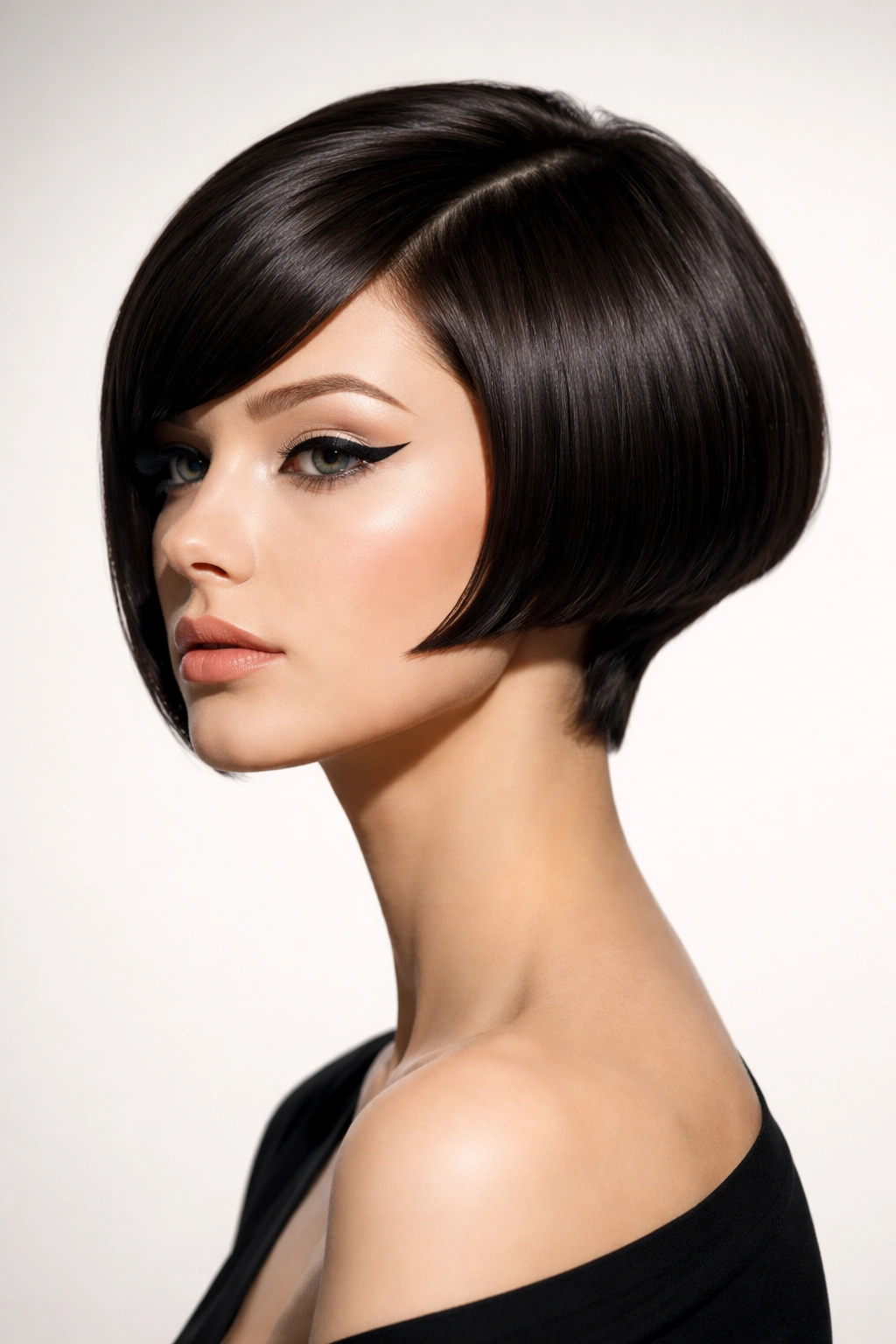 Geometric mod cut bob with sharp lines and angular silhouette.