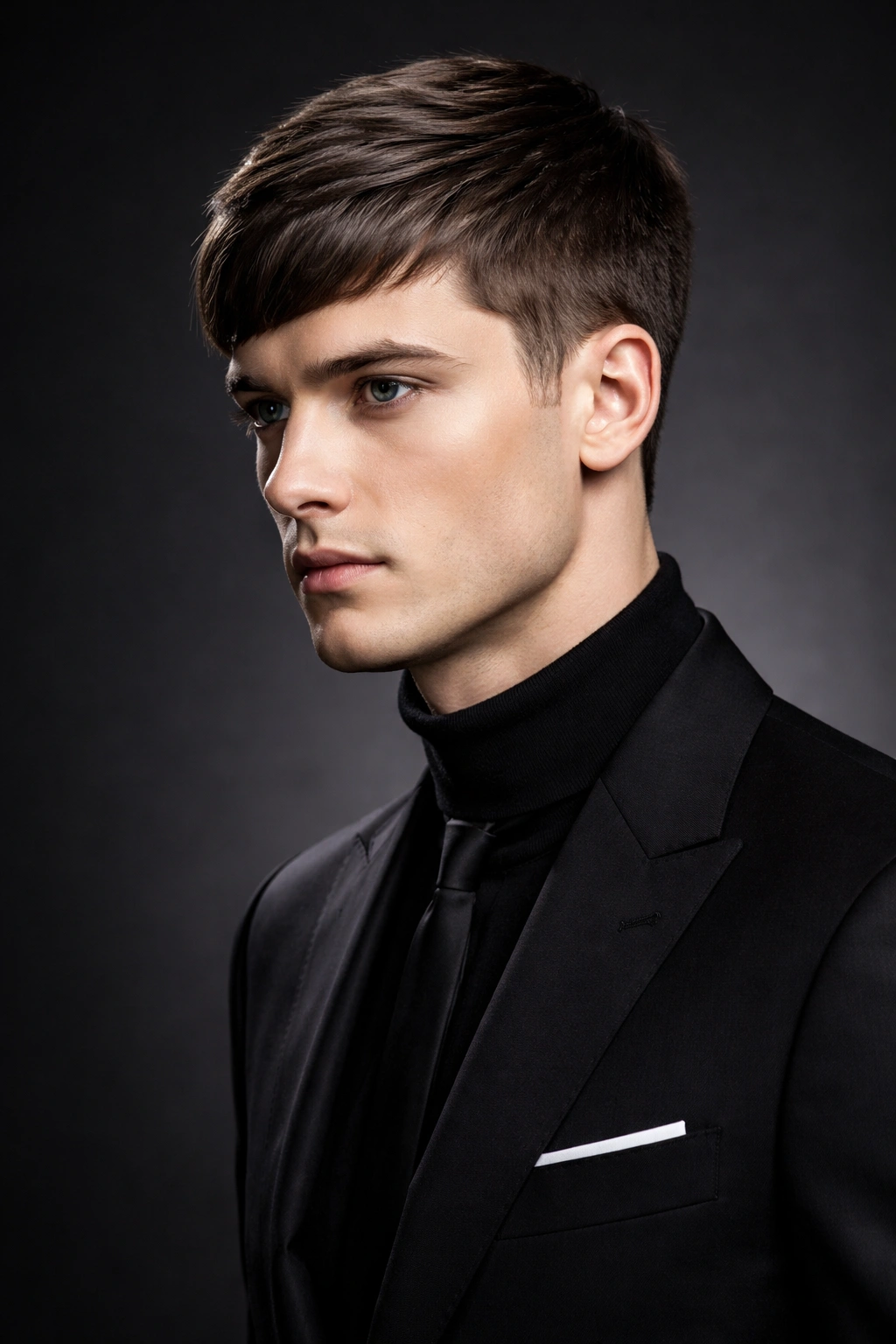 Mod cut hairstyle with crisp lines and a slightly longer top