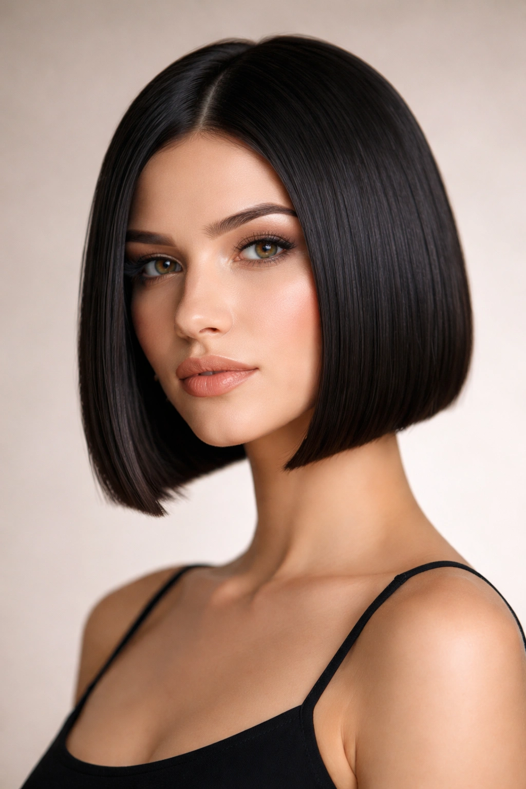 Close-up of a chin-length blunt modern bob with a sharp edge and glossy straight hair
