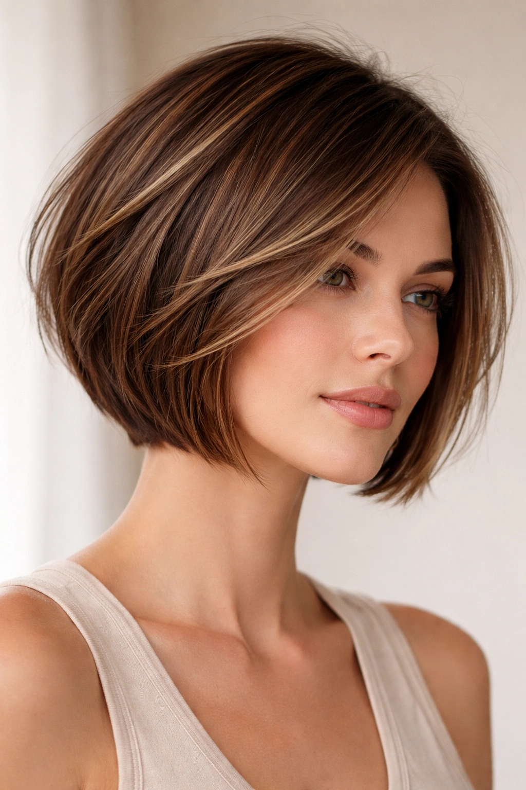 15 Short Haircuts That Work Best On Straight Hair 2 Portrait of a person with a layered bob on straight hair showing movement and texture