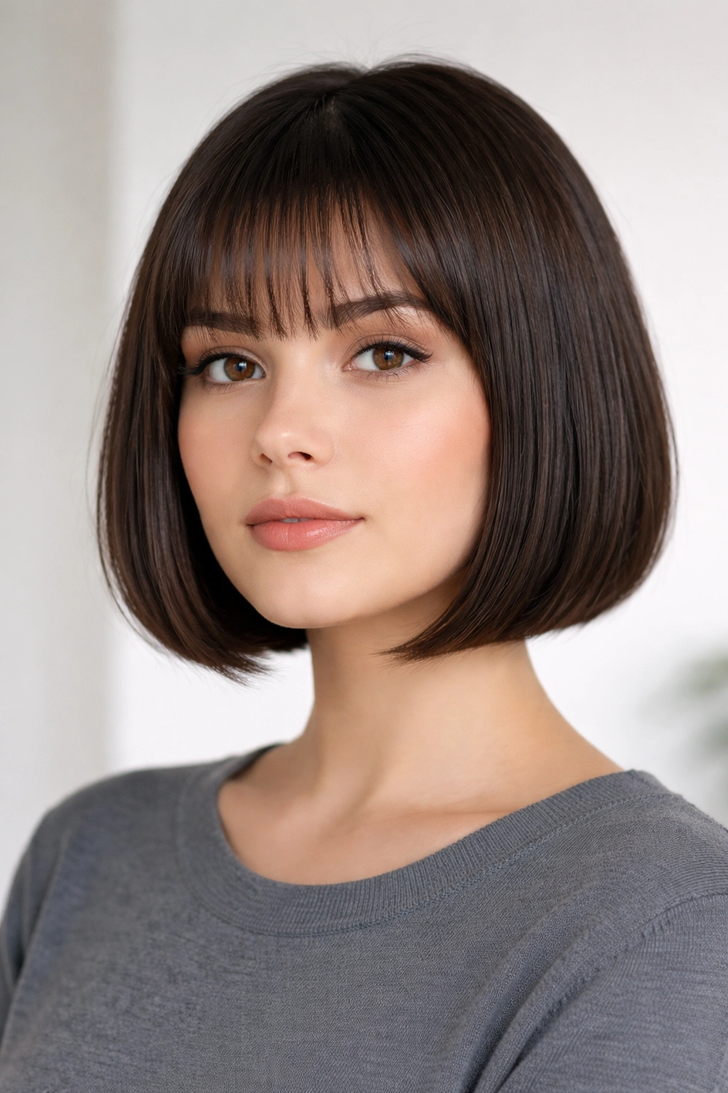 Close-up of a round-faced model wearing a modern bob with thin bangs and strong horizontal line