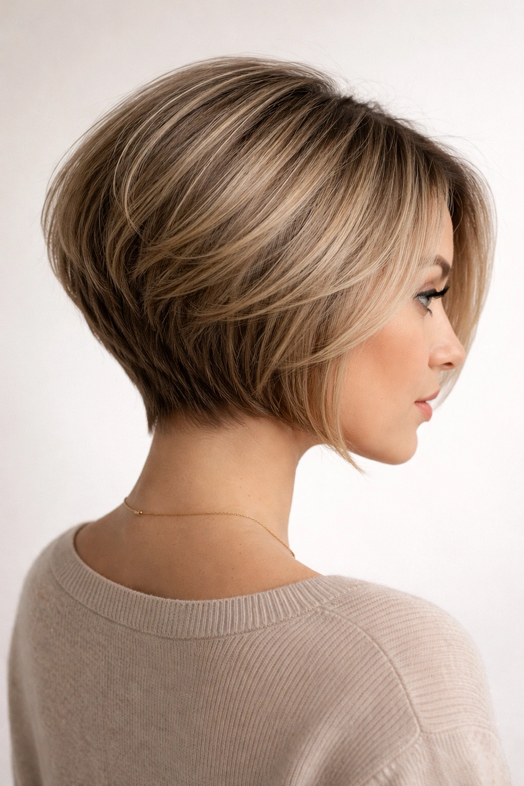 12 Short Stacked Bobs With Lift In The Back 12 Close-up of a modern bubble stack with rounded back volume and longer front pieces.