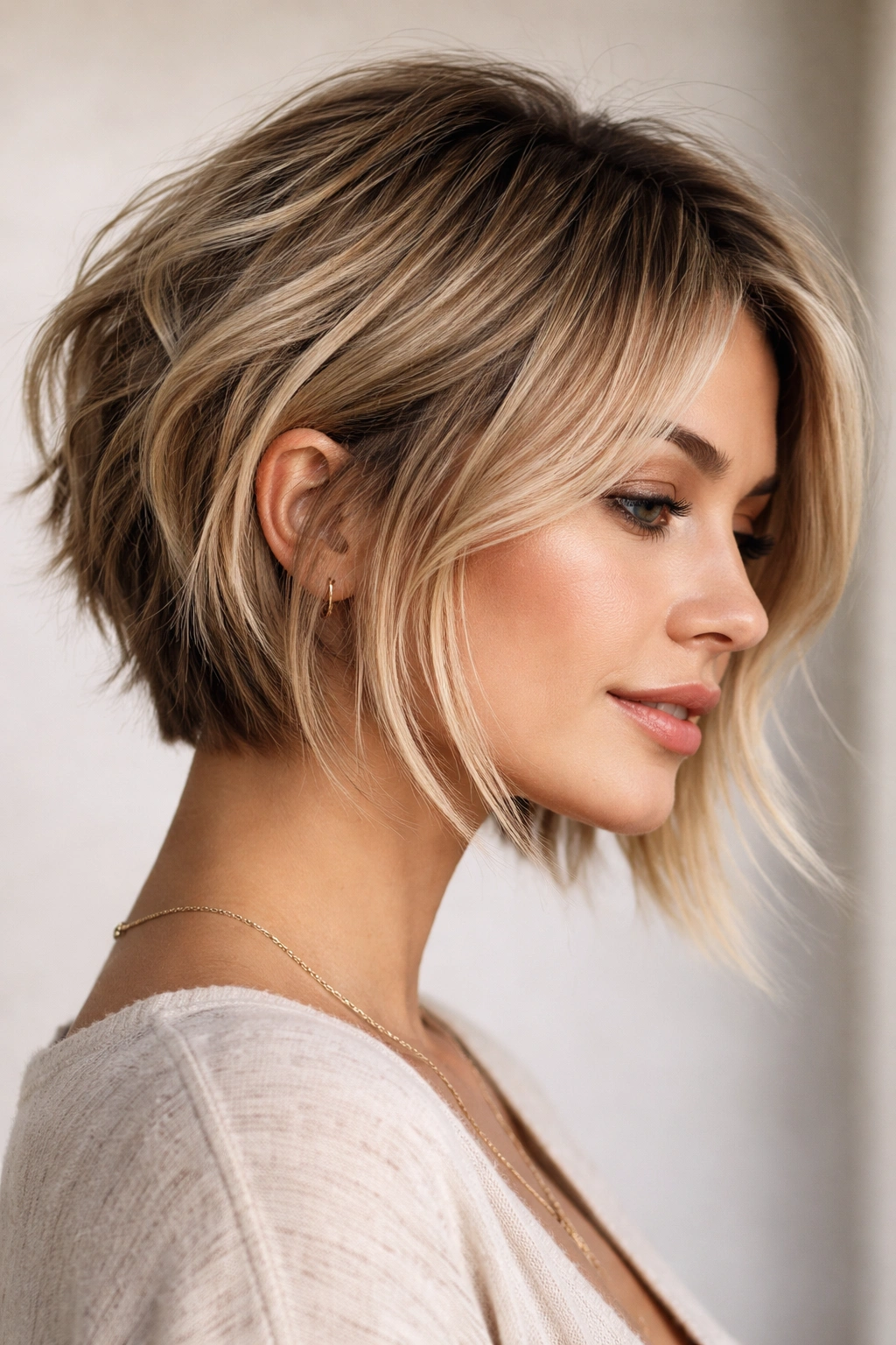 Modern choppy textured inverted bob with layered movement