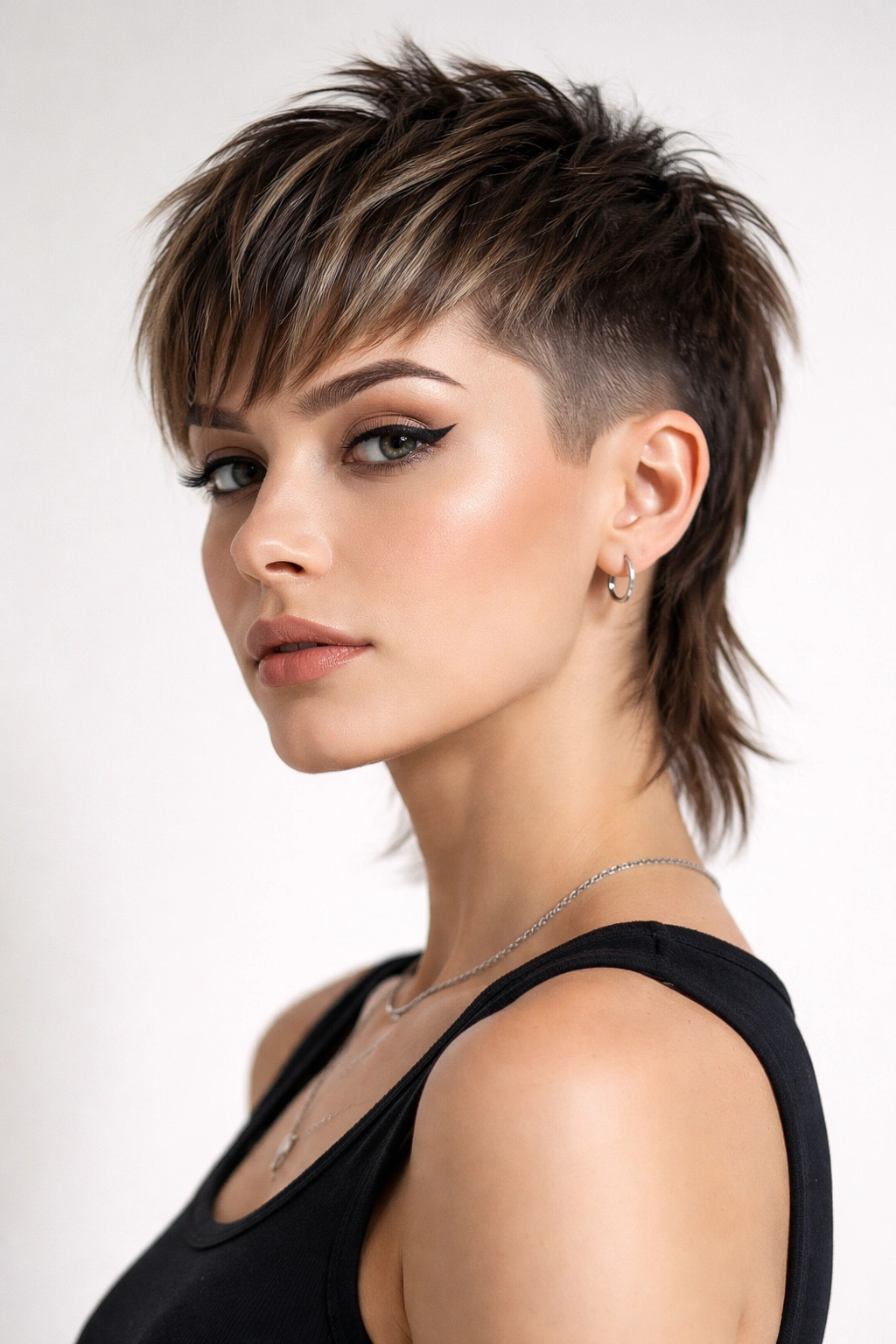 Modern cropped mixie hairstyle with short sides and longer top