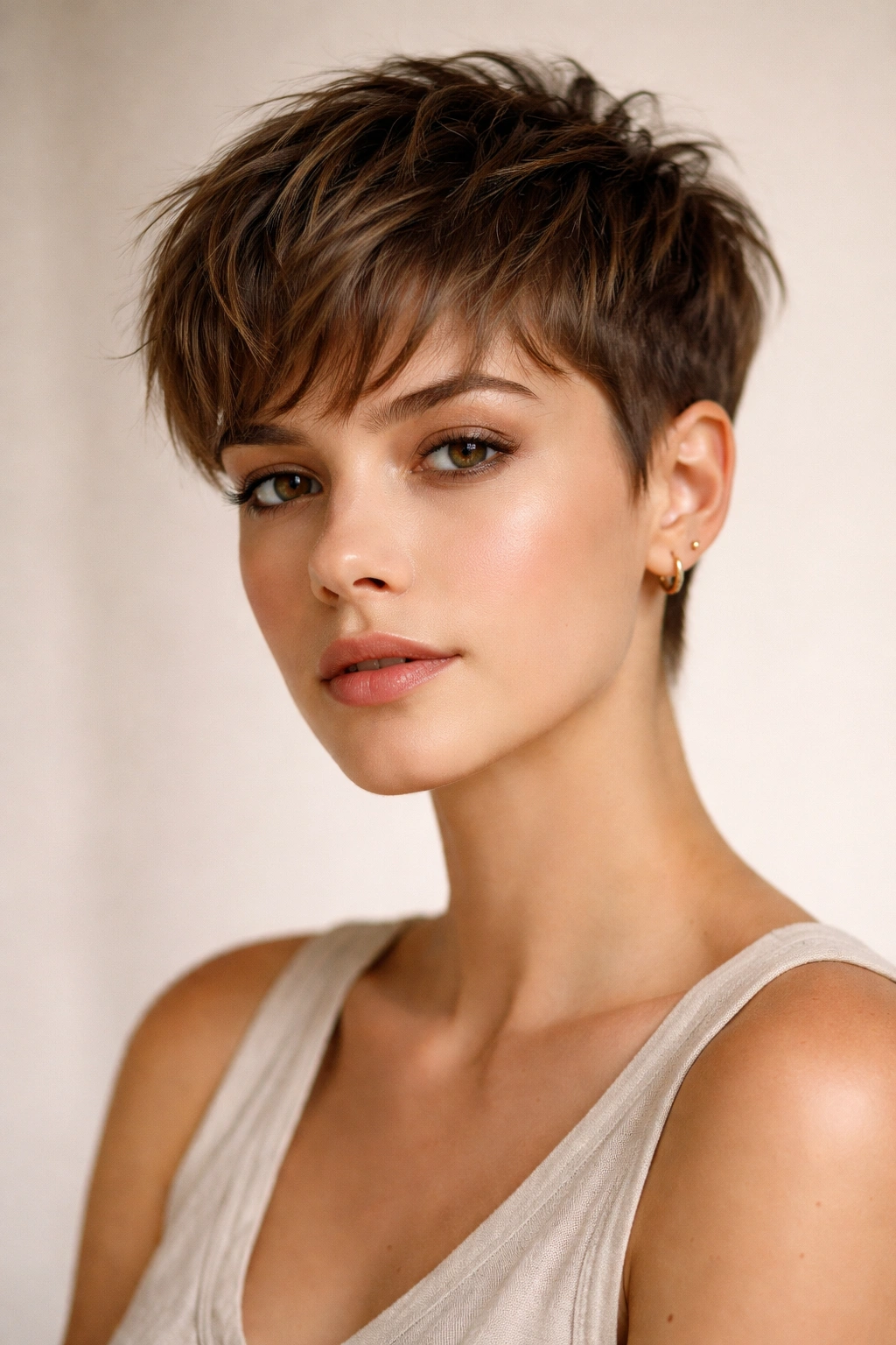 Modern French crop hairstyle with short back and longer textured top