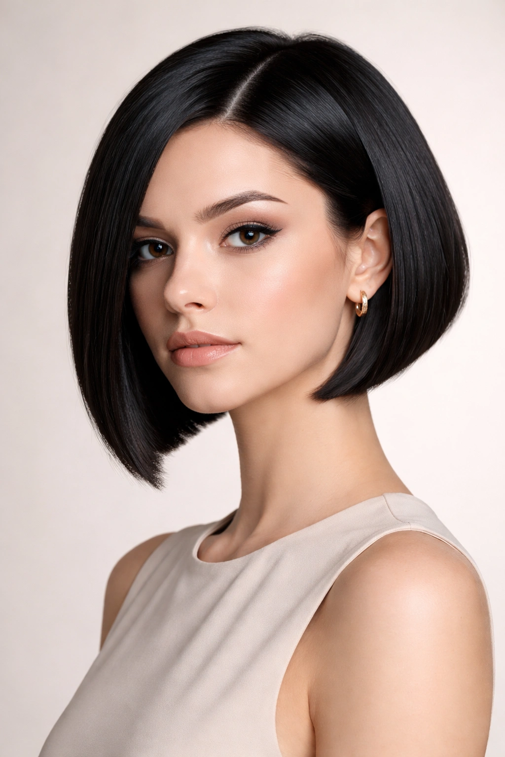 Geometric bob with architectural lines and crisp edges in studio lighting