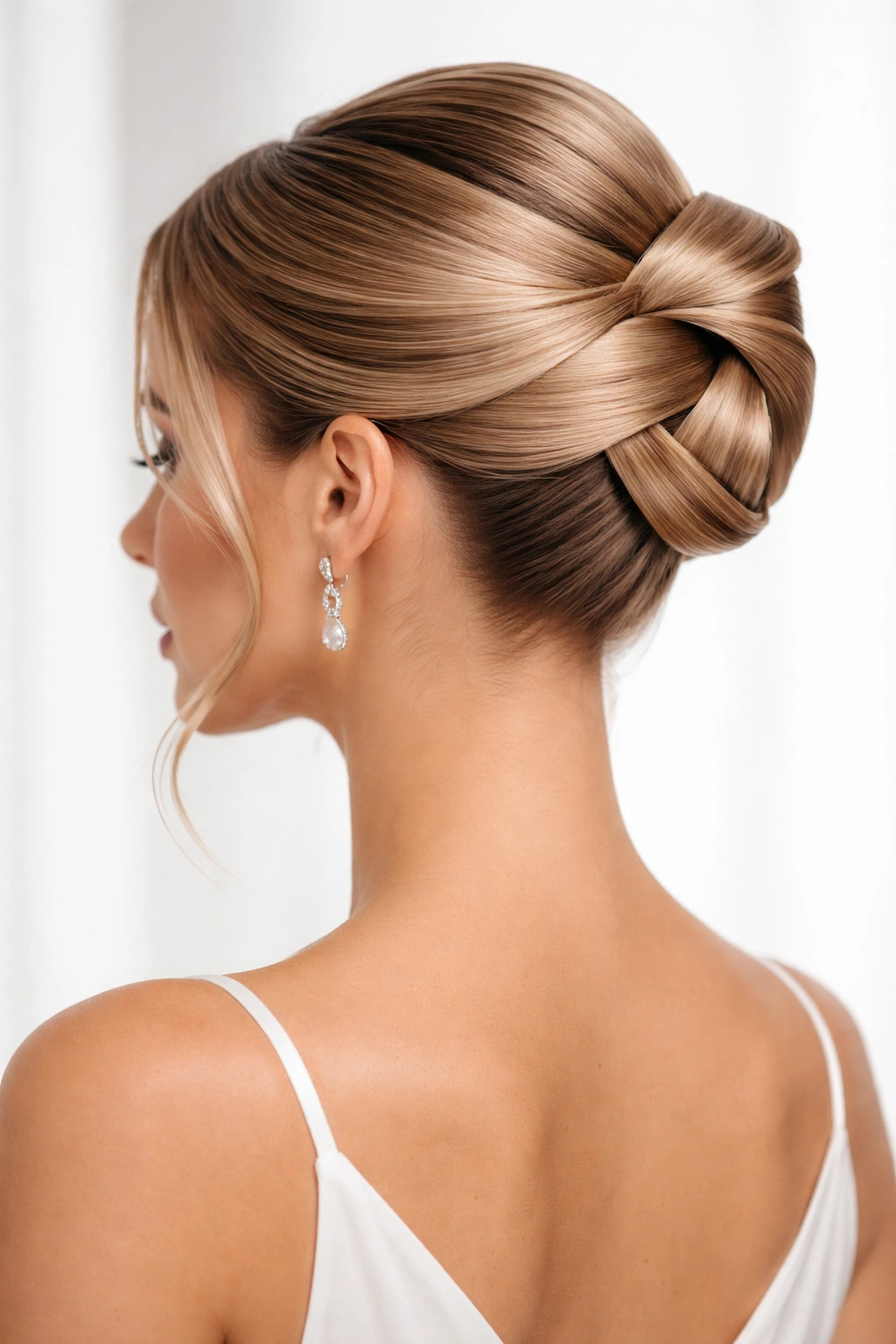 Close-up of a geometric knot updo with sharp lines and clean silhouette