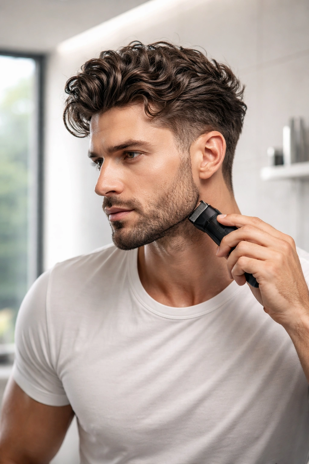 Modern man with a Greek-inspired hairstyle in a minimal interior, looking well-groomed.