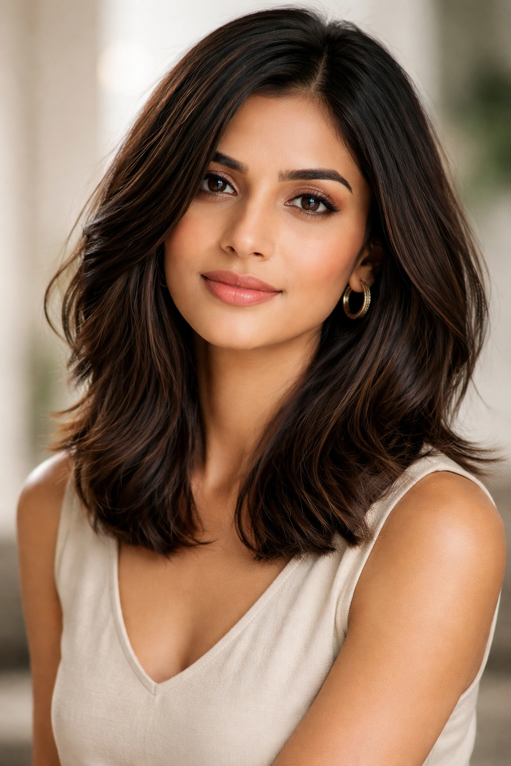 Portrait of a woman with a modern lob cut with layers