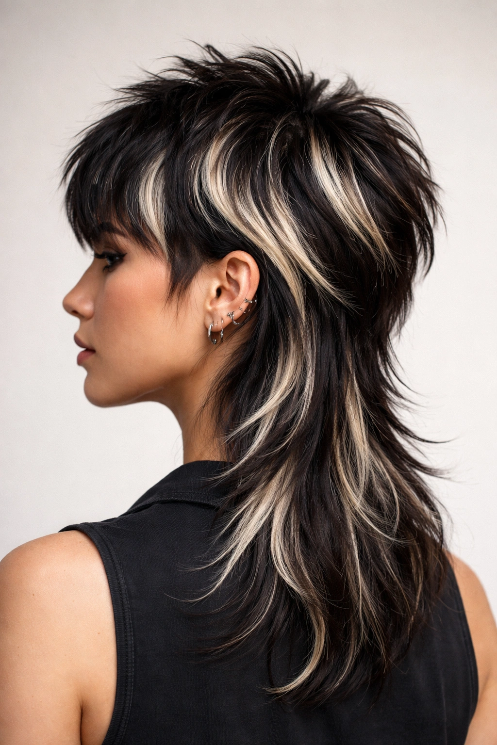 Modern mullet with bold highlights emphasizing the back length and top silhouette.