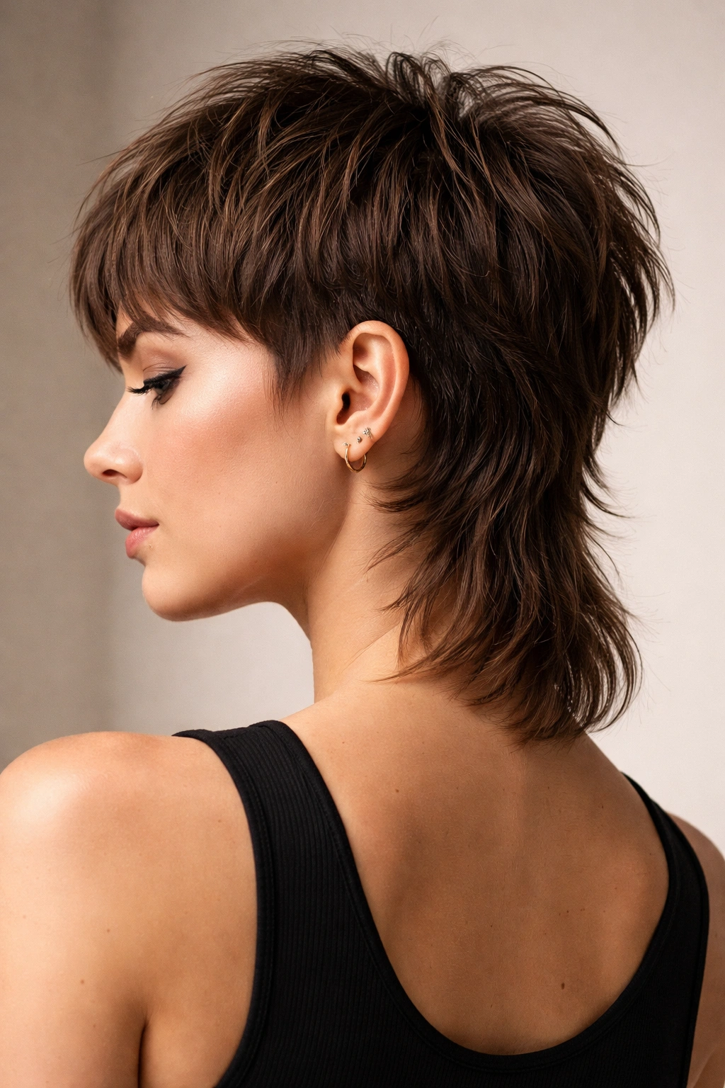 Portrait showing short top and sides with a longer back in a modern mullet crop.