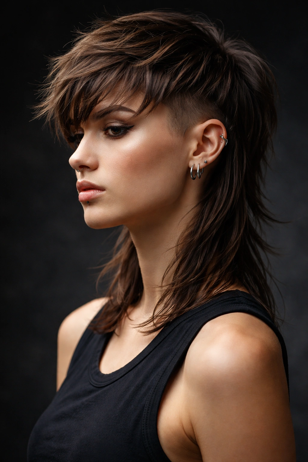 Portrait of a person with a modern mullet, longer front and top with a very short back.