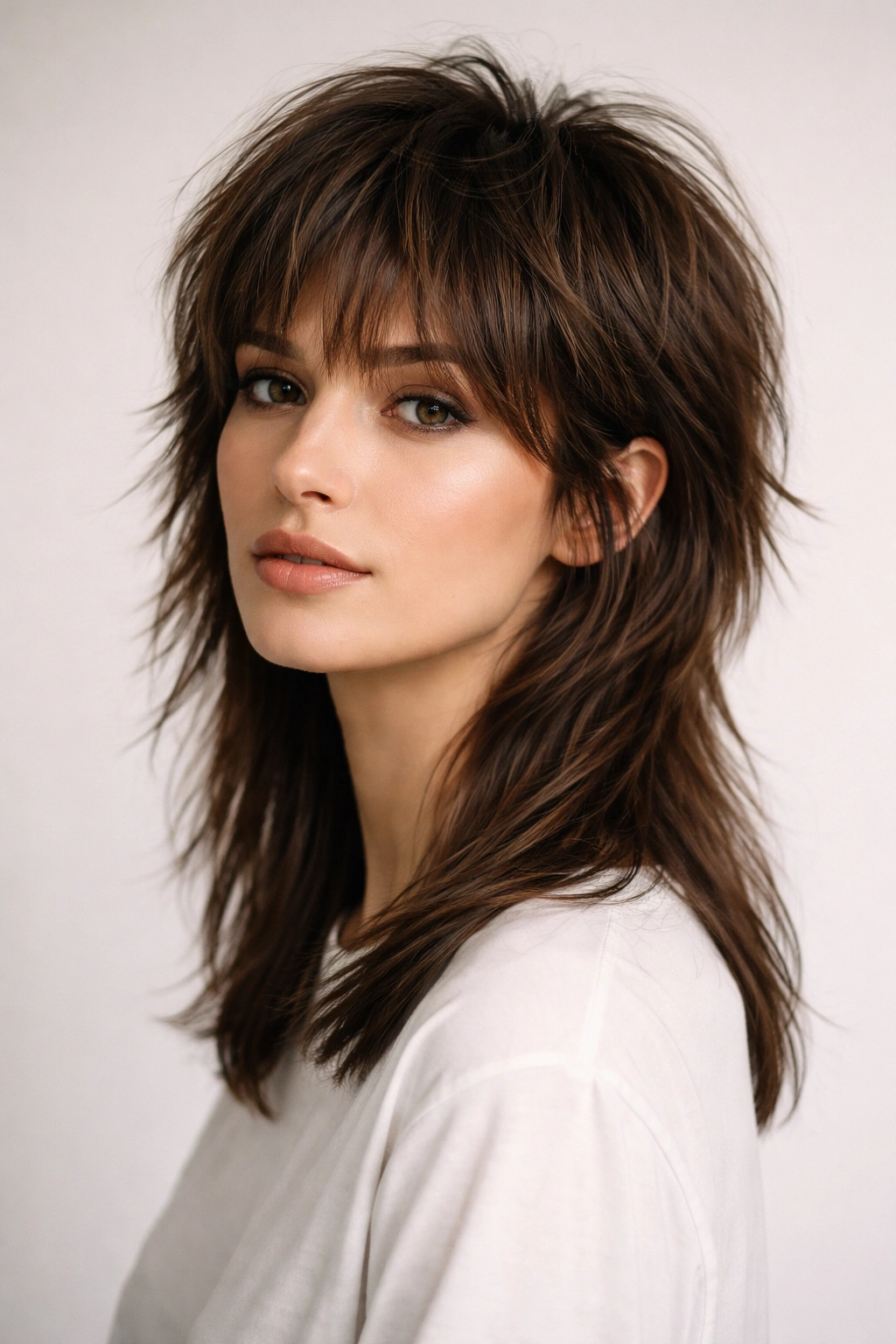 Modern mullet showing shorter top with longer back on a model.