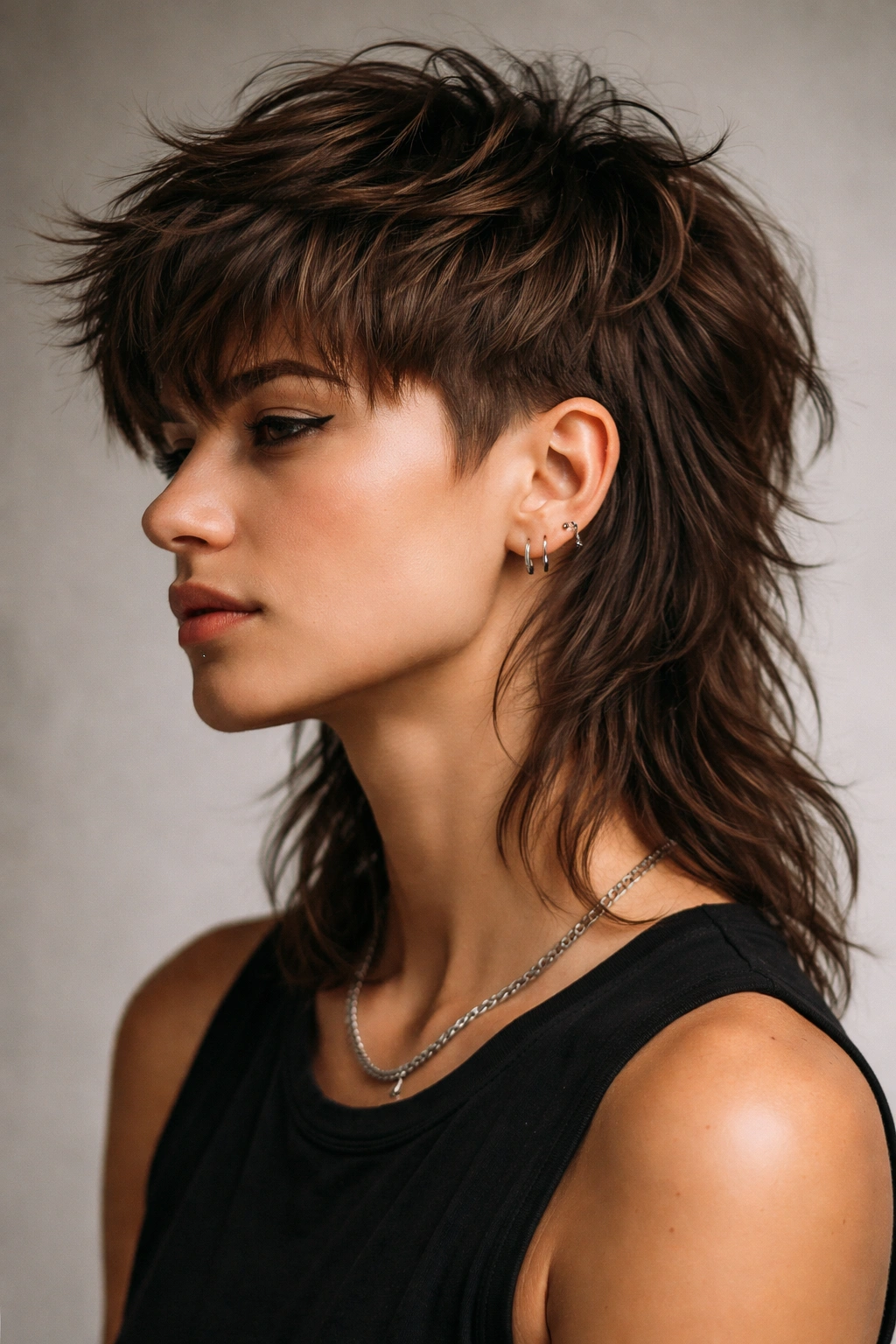 Modern mullet with short textured top and longer back.