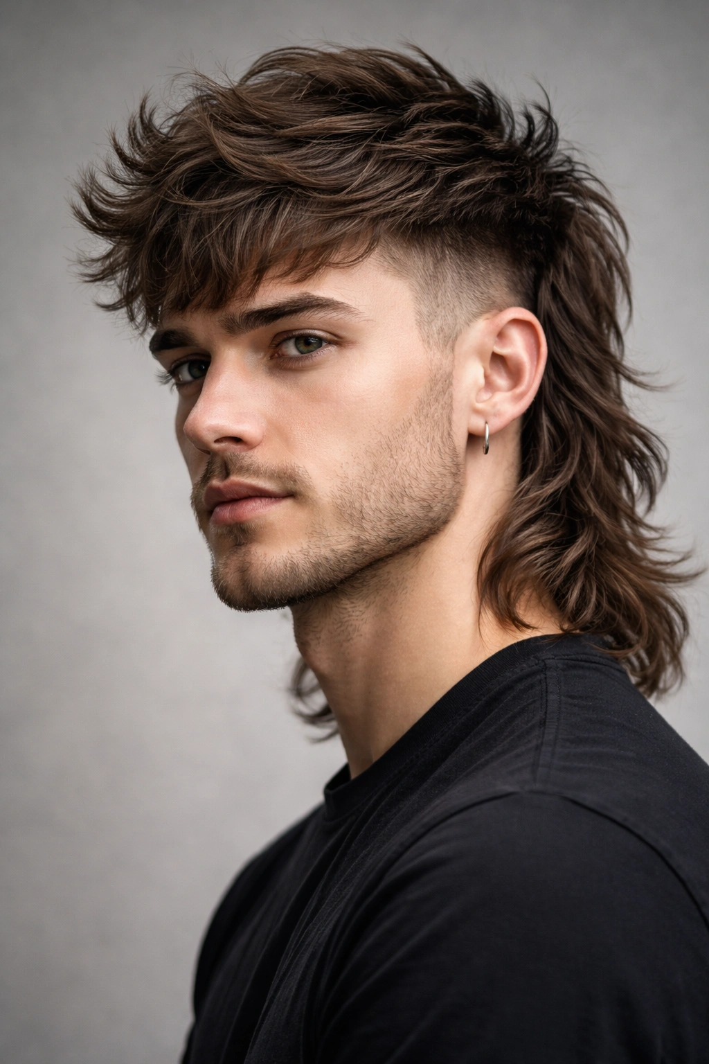 Portrait of a man with a modern mullet hairstyle in a studio setting