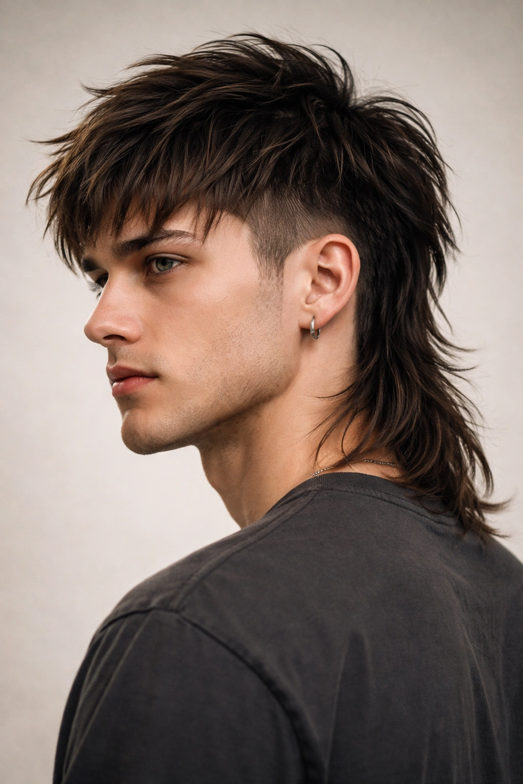 Portrait of a man with a modern disconnected mullet and textured layers