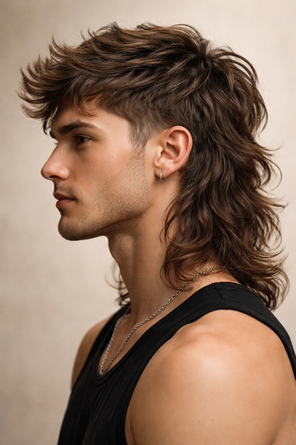 Side-profile portrait of a person with a modern mullet featuring short front and longer back
