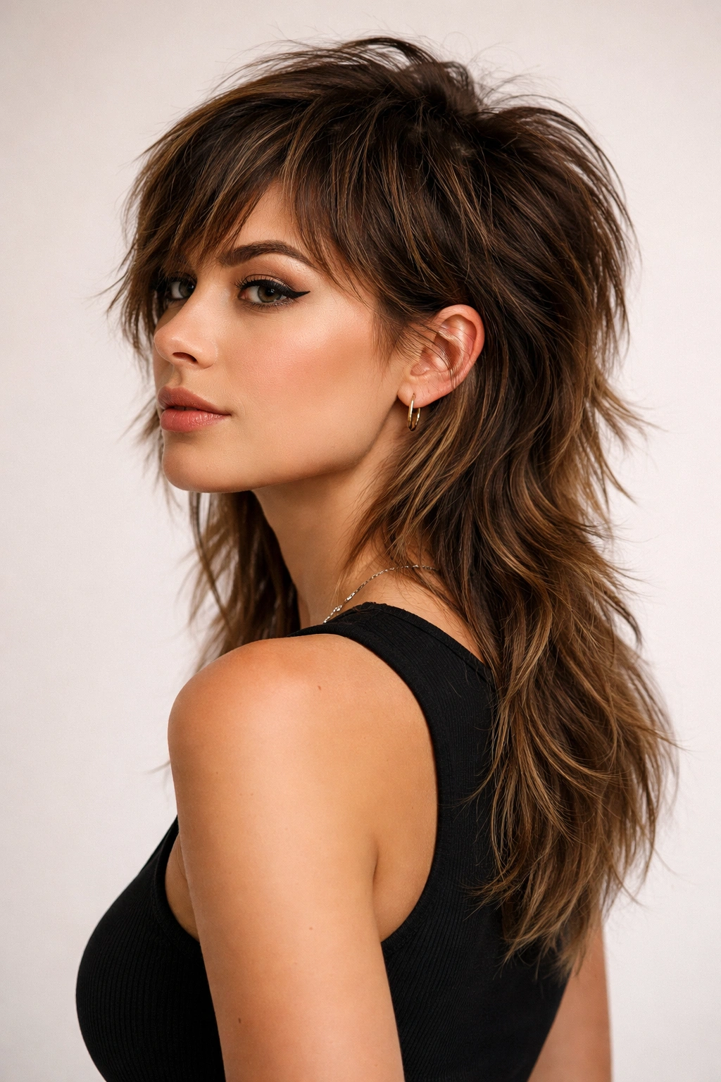 Portrait of Modern Mullet showing short front with longer back and textured layers