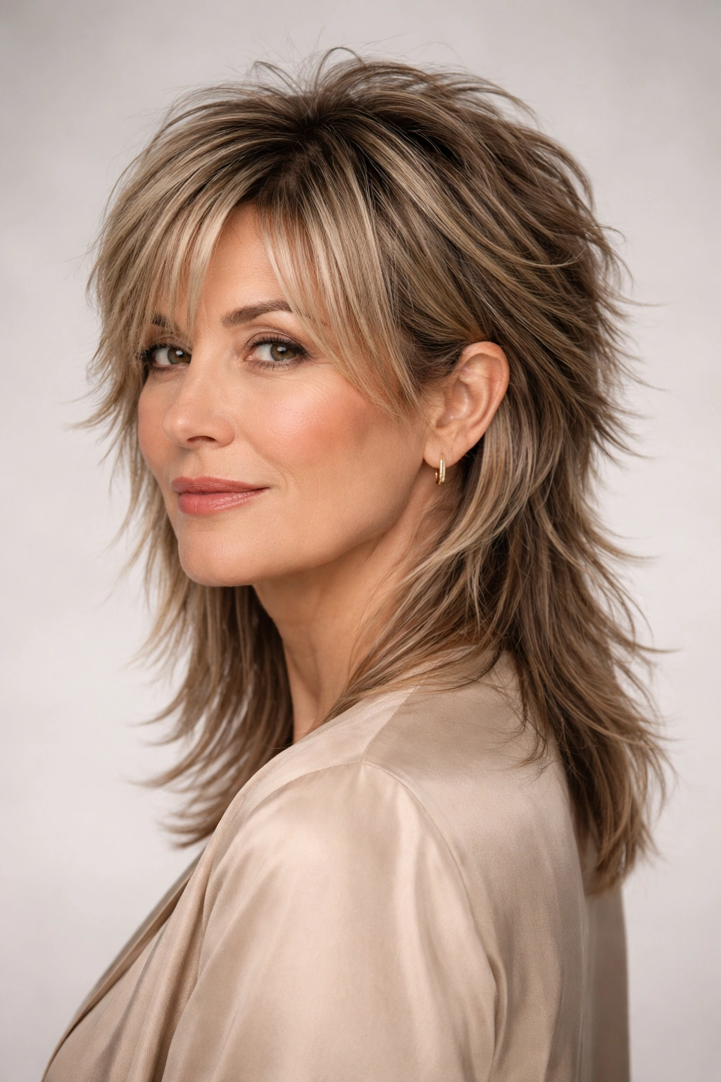 Portrait of a model with a modern mullet featuring longer front layers and a short textured back.