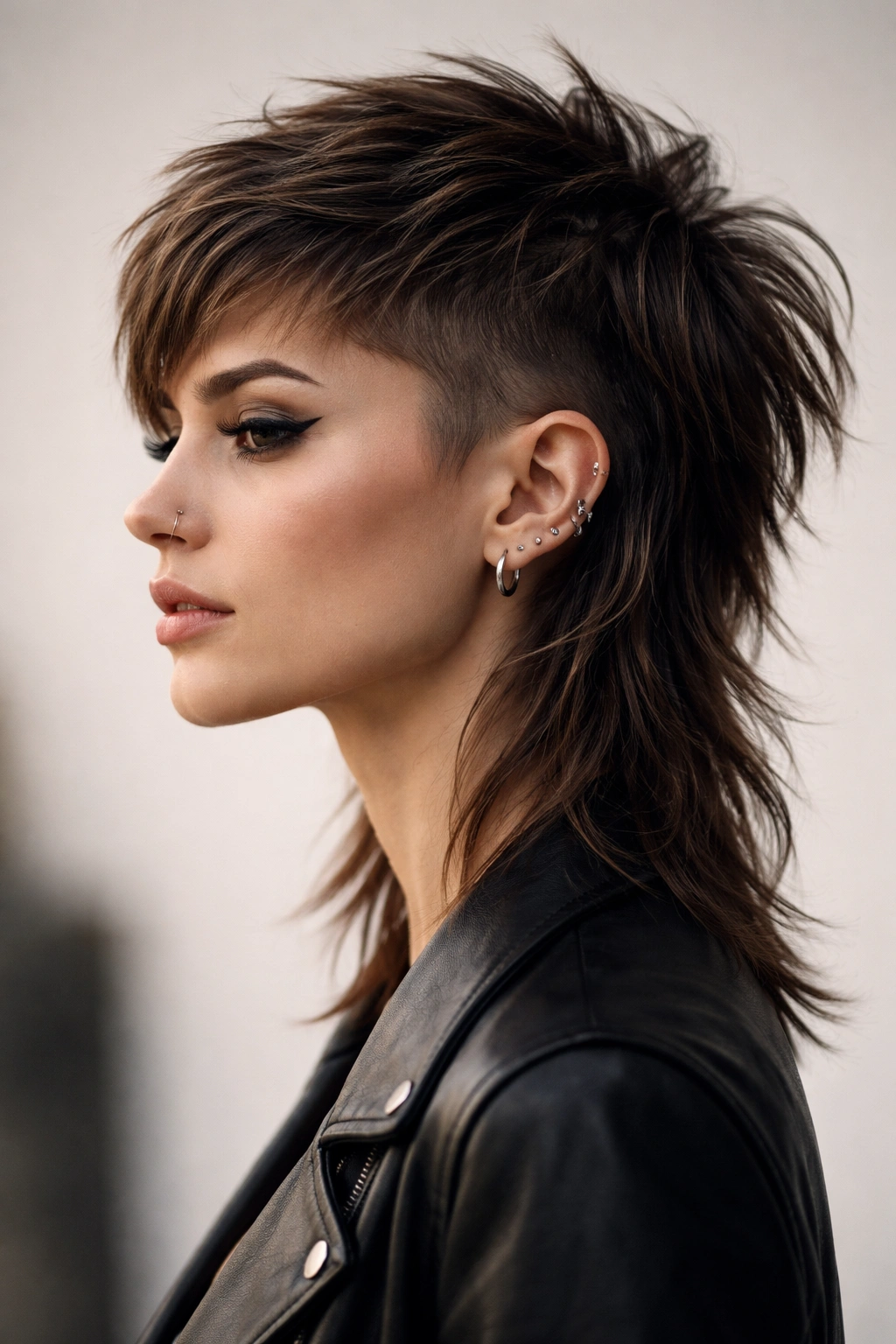 Profile view of The Modern Mullet with short sides and longer back, textured top.