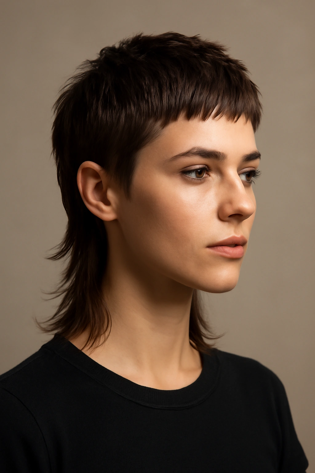 Close-up portrait of a person with a modern mullet featuring a short front and longer back, studio lighting