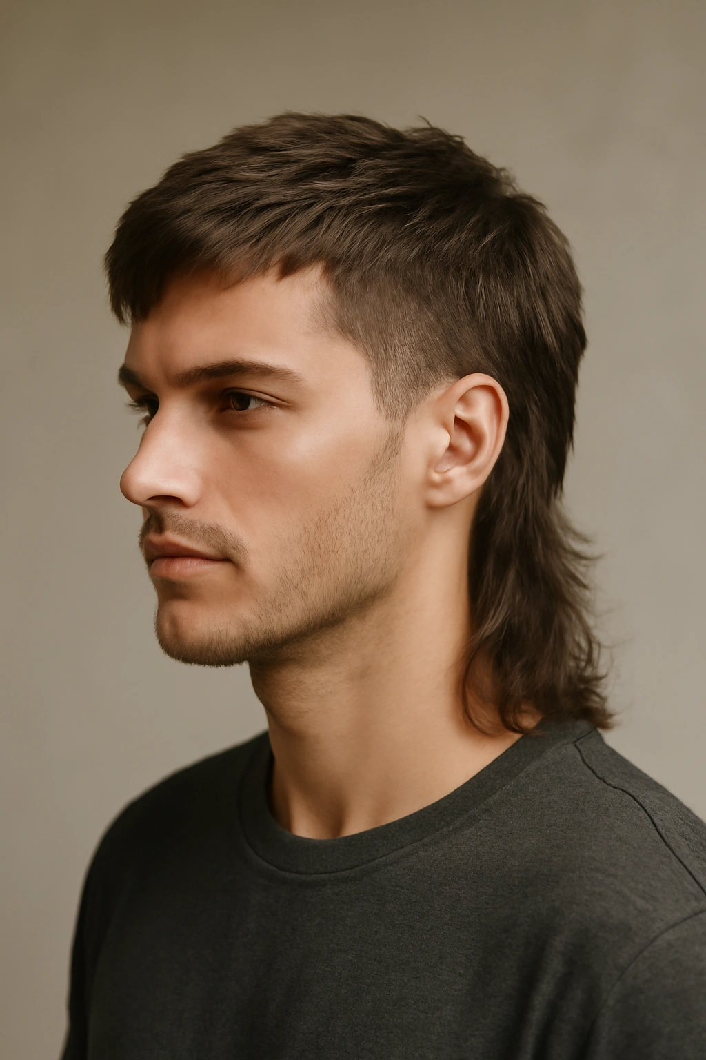 25 Medium Haircuts You’ll Want to Try Immediately 19 The Modern Mullet hairstyle with short front and long textured back on a model in studio