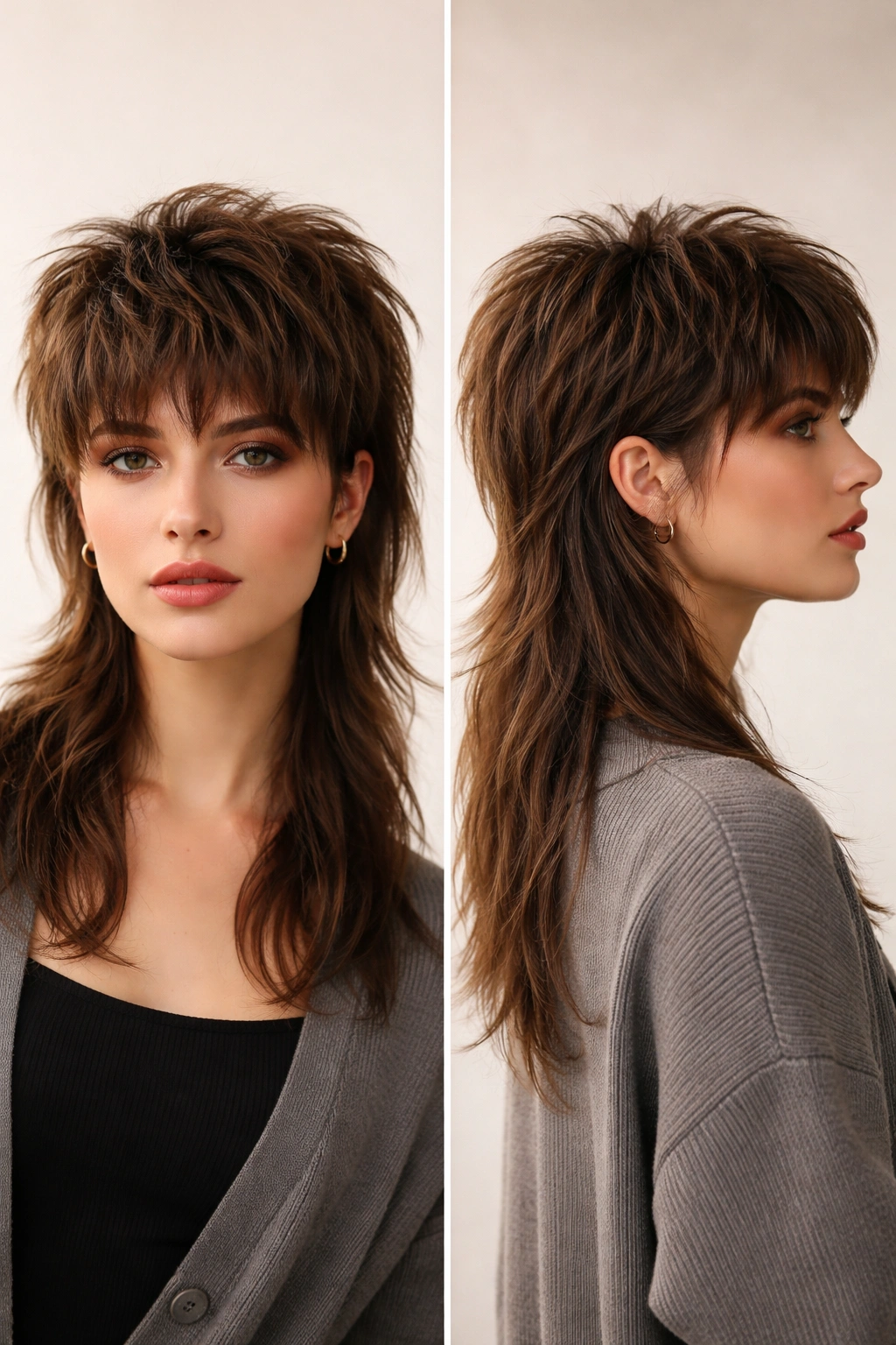 Front and side view of a modern mullet with textured top and longer back