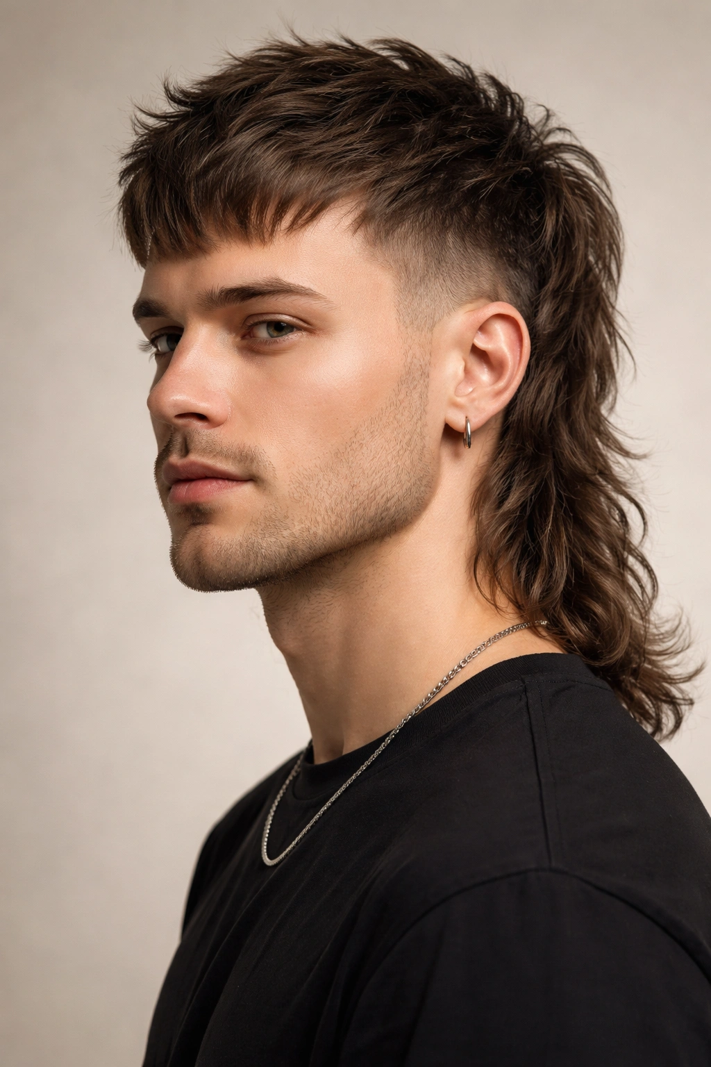 Portrait of a person with a modern mullet featuring short front and long back