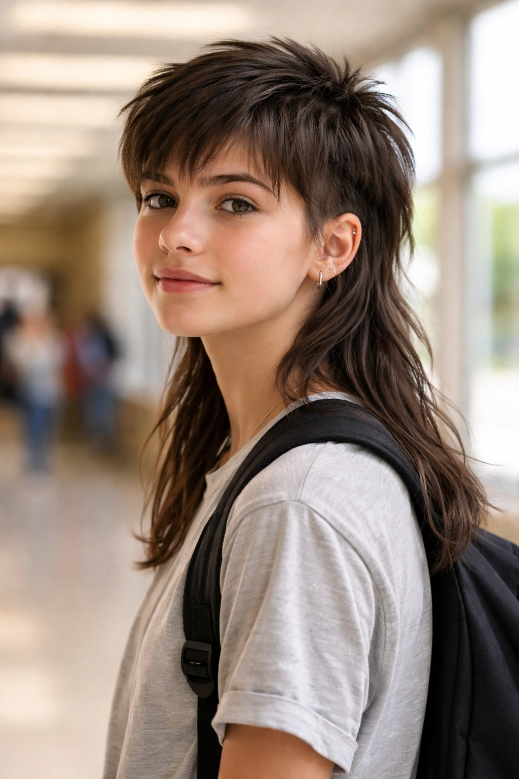 Student with modern mullet hairstyle in a school hallway