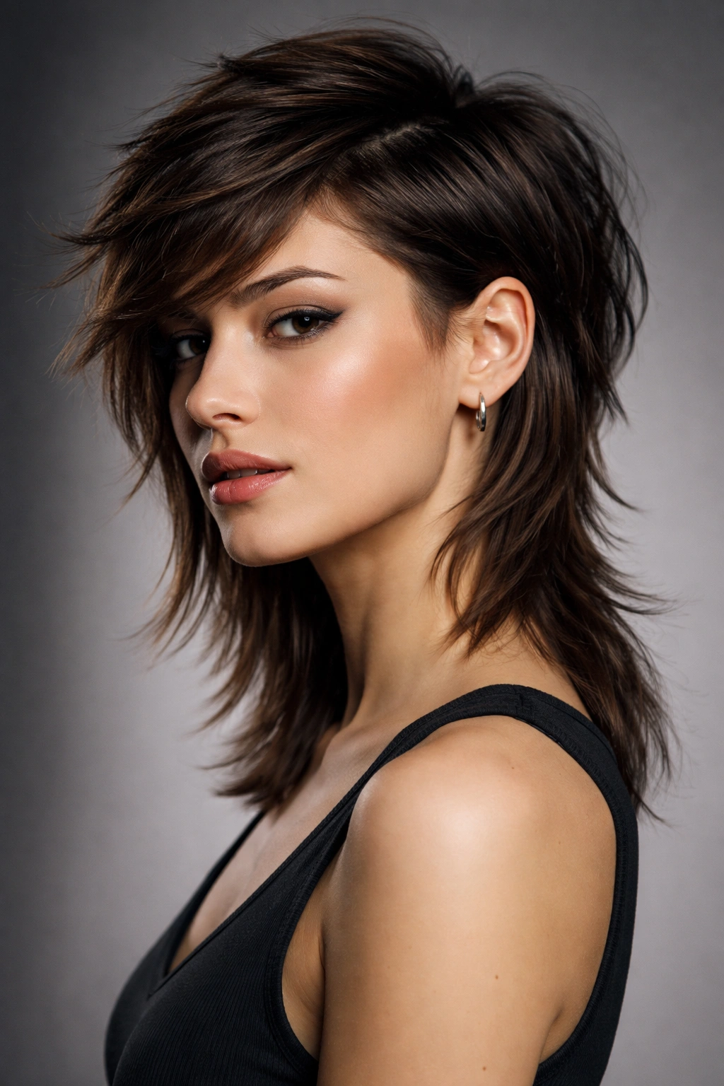 Three-quarter view of a side-swept modern mullet with subtle back length and undercut sides