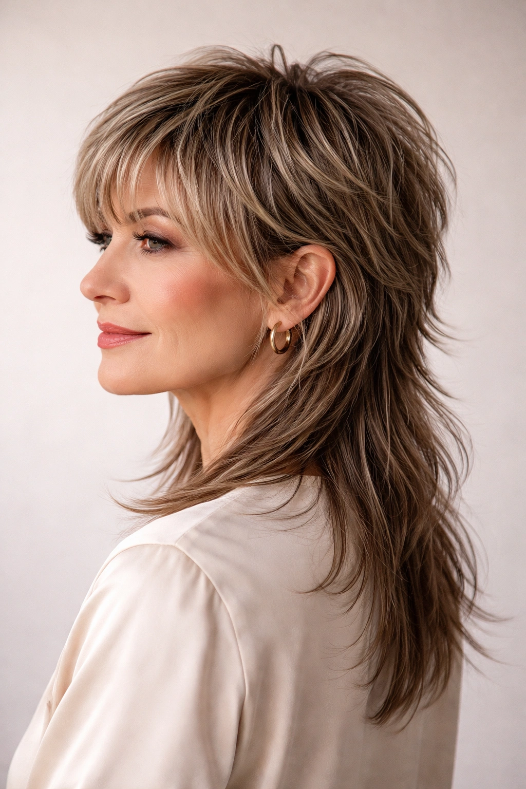 Modern mullet hairstyle with balanced top and back length in studio