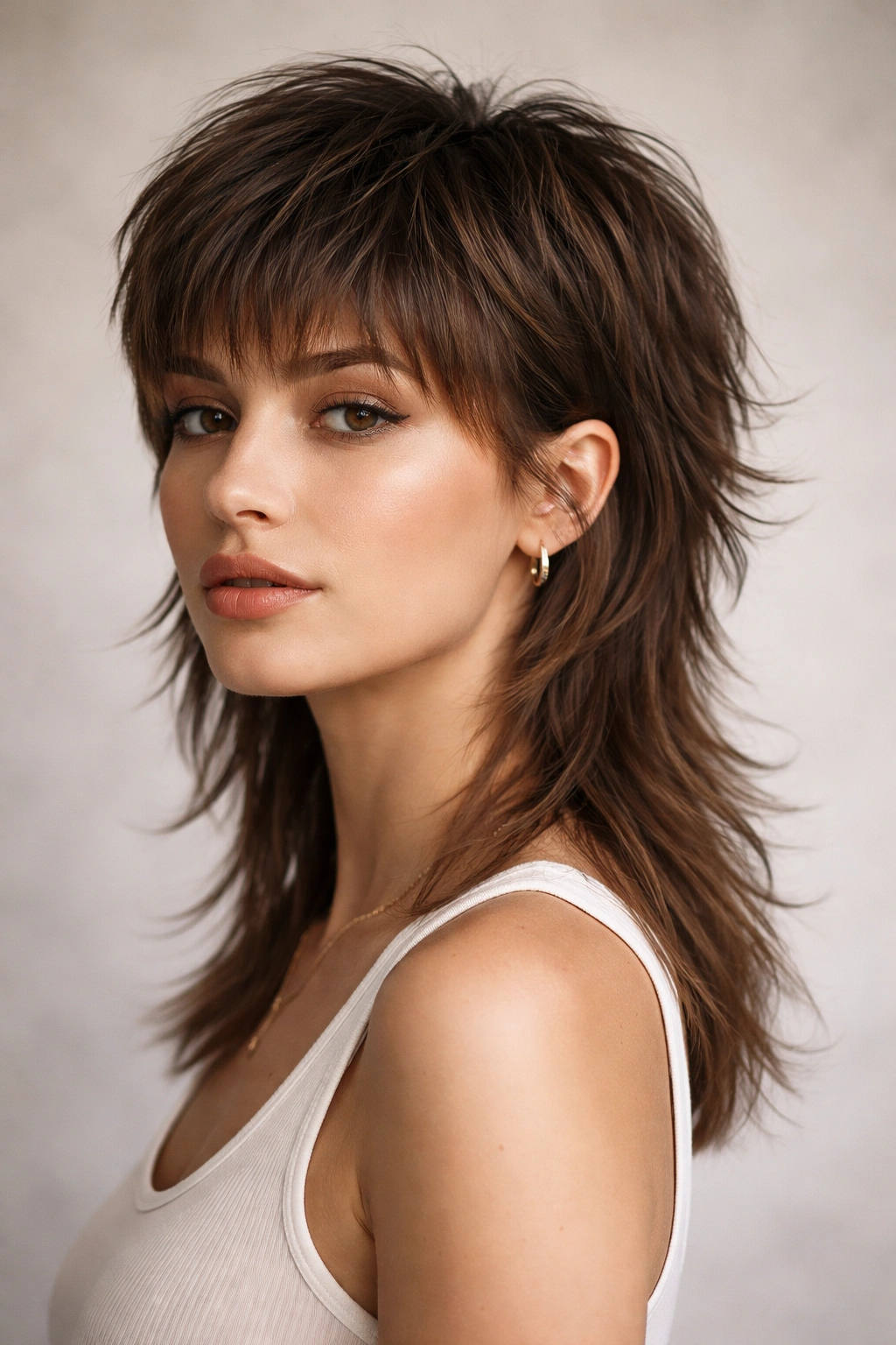 Modern mullet with short front and longer back, featuring textured layers.