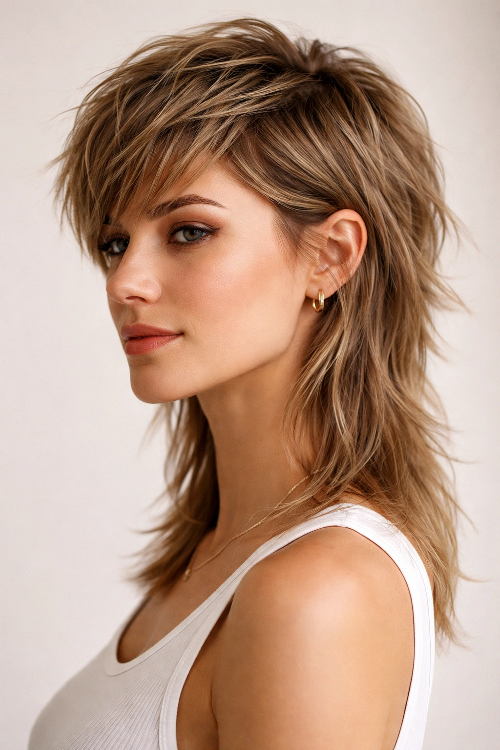 Modern mullet hairstyle with cropped top and longer back showing texture.