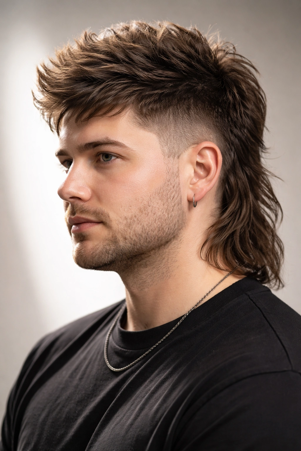 Modern mullet with textured top showing height at crown.