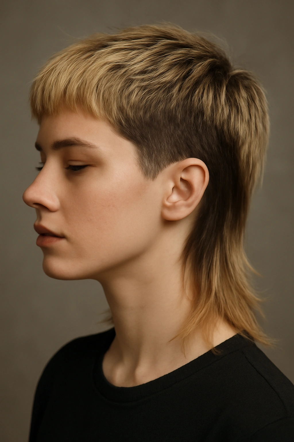 15 Short Haircut and Color Combos Worth Trying Together 15 Head-and-shoulders view of a modern mullet with two-tone color showing dark underlayers and lightened top