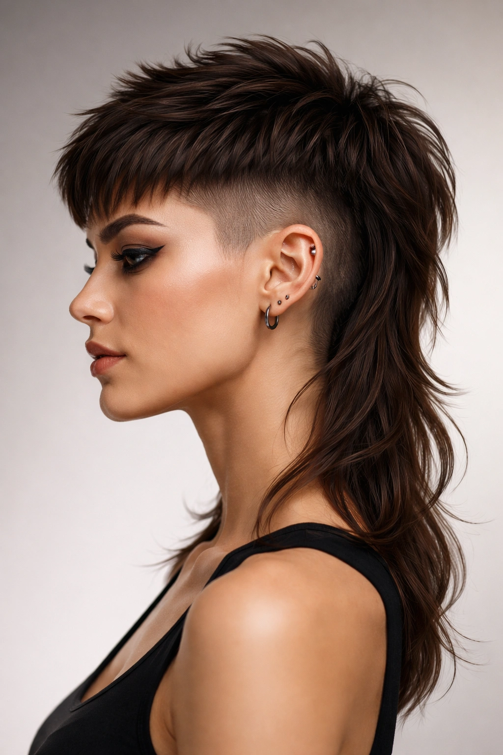 Portrait showing a modern mullet undercut with short front and longer back and shaved sides
