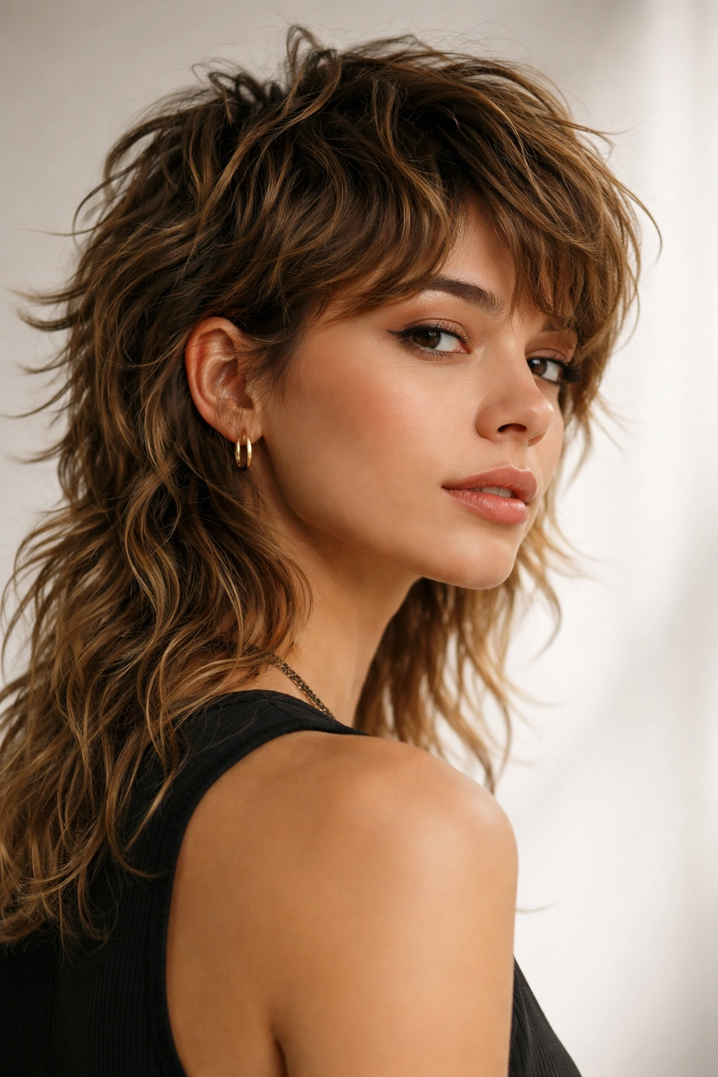 Side profile of a modern wavy mullet showing short top and longer back