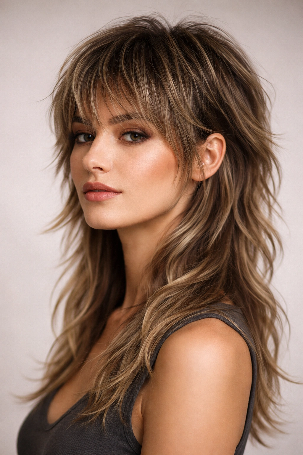 Close-up of a person with a modern mullet wolf cut, short textured front and long flowing back