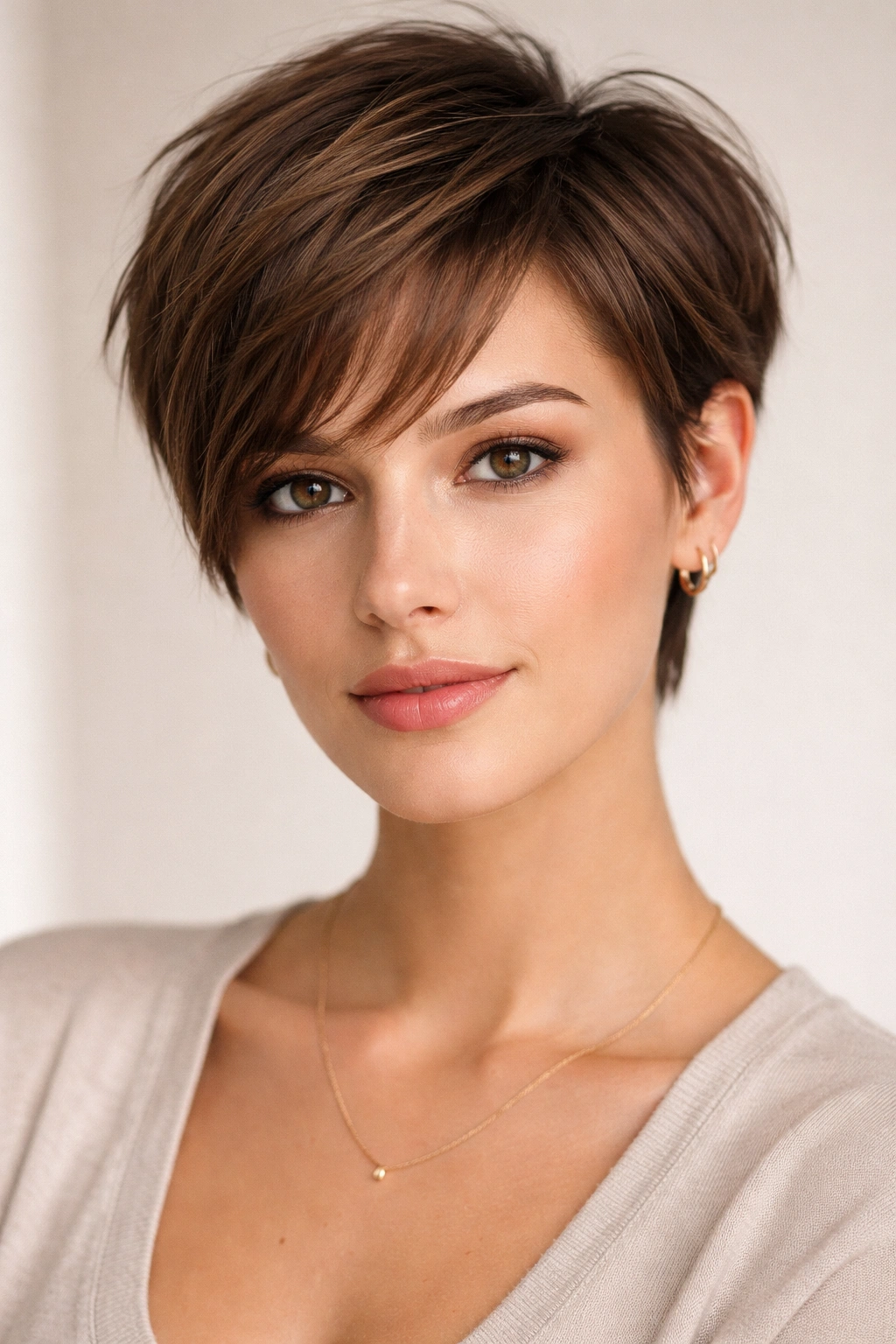 Portrait of a modern pixie with face-framing length and tapered sides.